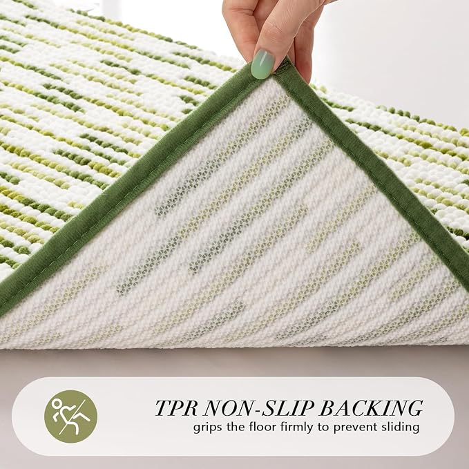 BSICPRO Bathroom Rugs Sets 2 Piece, Modern Bath Mat 20"x47"+20"x32", Sage | Loop Pile Chenille, Non Slip TPR Rubber Backing, Abstract Stripe, Soft Thick Absorbent Washable, Runner Rug for Bathroom