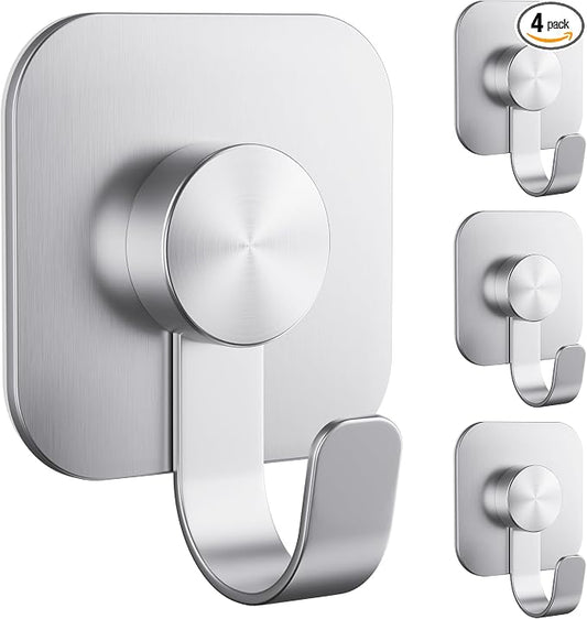 Aikzik 4 Pack Large Heavy Duty Wall Hooks - 26lb Max, Stainless Steel Adhesive Towel Hooks for Hanging Towel, Coat, Robe, Sticky Towel Holder for Wall Mount in Bathroom, Kitchen, Shower, Door - Silver