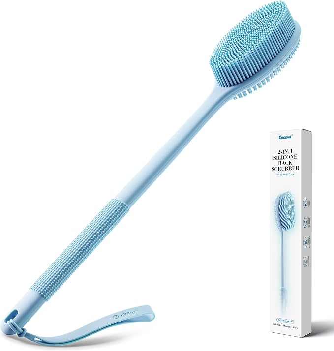 CORATED Silicone Back Scrubber for Shower, 2‑in‑1 Body Brush with Handle | Exfoliating Body Scrubber for Women & Men Daily Use, Loofah Alternative Bath Accessories