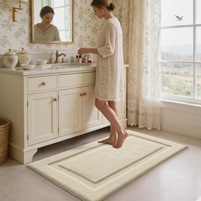 LUMI Soft Bathroom Rugs Absorbent, Non Slip Bath Mat 24x36, Ivory White | Machine Washable with Rubber Backing, Quick Dry, Premium Microfiber Carpet for Bathtub and Shower Floor