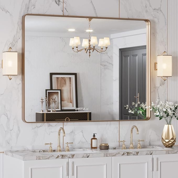 LOAAO 40"X30" Gold Bathroom Mirror | Rounded Rectangle, Brushed Gold Frame, Wall-Mounted, Anti-Rust, Tempered Glass, Hangs Horizontally or Vertically