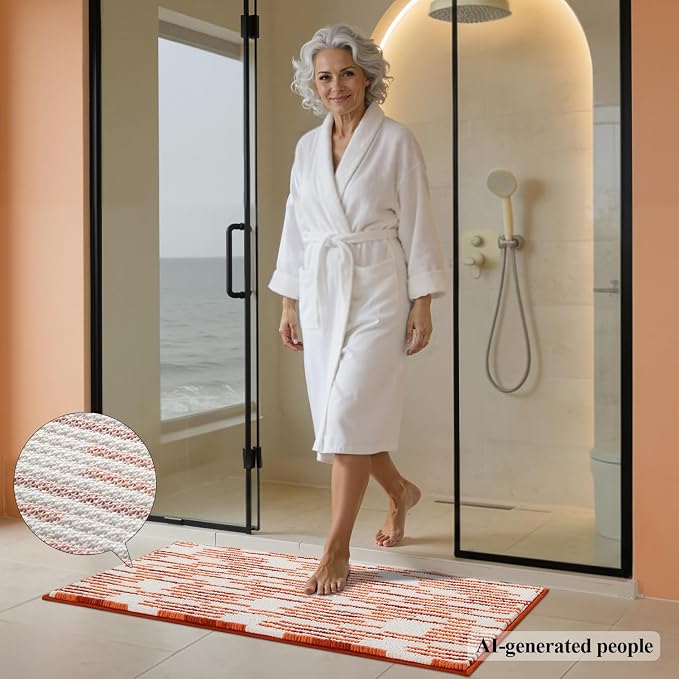 Bathroom Rugs Sets 2 Piece, Fall Bath Mat 20"x47"+20"x32", Orange | Loop Pile Chenille, Non Slip TPR Rubber Backing, Abstract Stripe, Soft Thick Absorbent Washable, Runner Rug for Bathroom