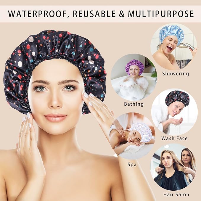 Shower Caps for Women, 4 PCS Reusable Waterproof Bath Cap | Double Layer, Washable, Wide Elastic Band, Holds Long Hair, Caps for Bath Accessories, Spa, Travel Home - Polka Dots