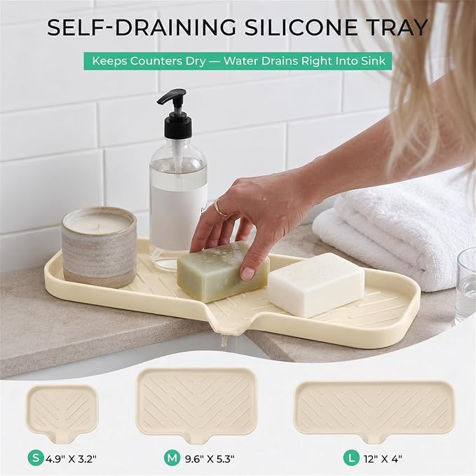MicoYang Silicone Soap Dish with Drain Spout — Self-Draining Double Sink Organizer Tray for Kitchen & Bathroom, Dispensers, Sponges & Soap Holder, Non-Slip & Dishwasher Safe, Tapioca (Large, 12"×4")