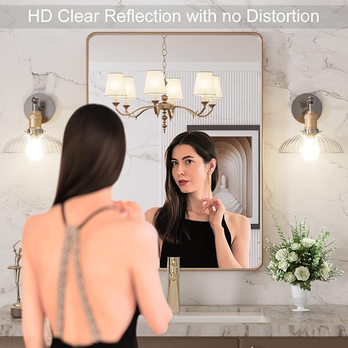 LOAAO 20"X30" Gold Bathroom Mirror | Rounded Rectangle, Brushed Gold Frame, Wall-Mounted, Anti-Rust, Hangs Horizontally or Vertically