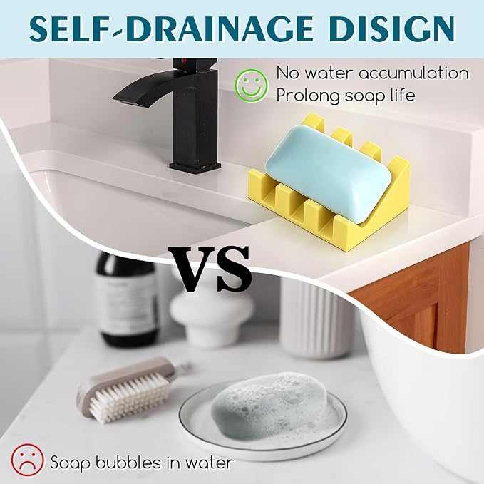 Self Draining Silicone Soap Dish Holder Waterfall Tray, 1 Pack Yellow | Waterfall design drains fast to keep soap dry, non-slip silicone base anti slide, soap saver for bathroom & kitchen