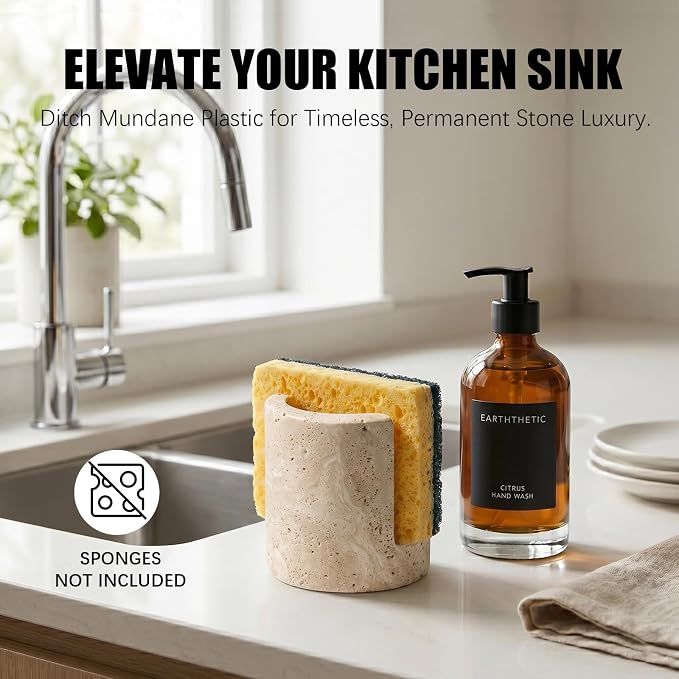 Natural Travertine Sponge Holder for Kitchen Sink - Luxury Stone Sponge Caddy, Quick-Drying Modern Minimalist Marble Kitchen Countertop Organizer - Housewarming Gift, Home Decor, Beige
