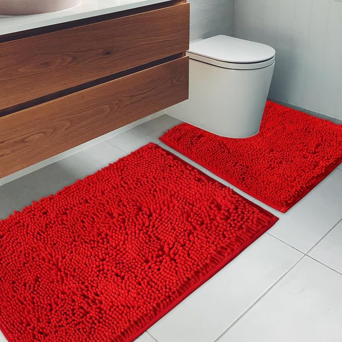 Bathroom Rugs Chenille Bath mat 2 Piece Set, Super Absorbent, Strong PVC Non Slip Backing, Bath mats for Bathroom, Plush Shaggy, Thick, Machine Washable, Bathtub, Toilet.(Red)