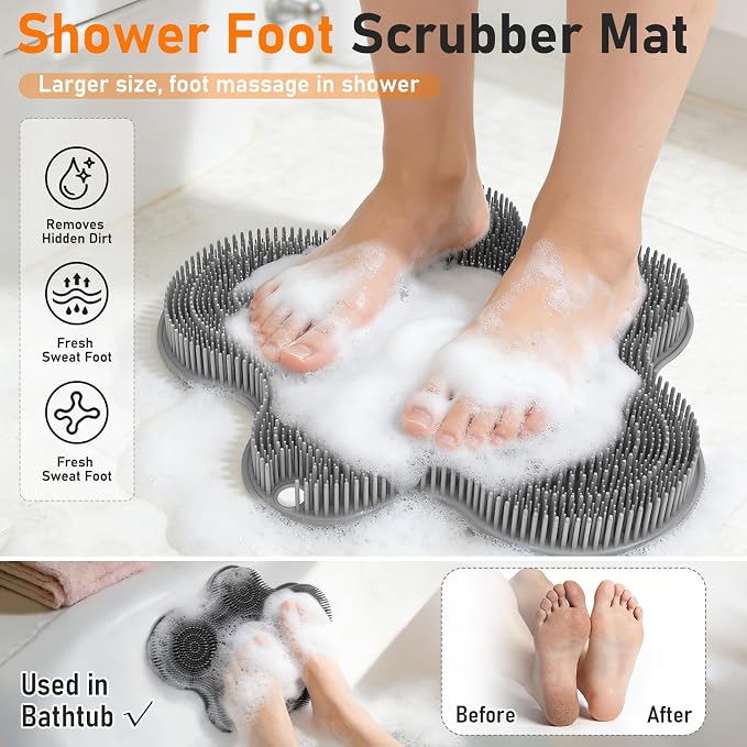 Shower Foot Scrubber Mat Silicone Back Exfoliating Cleaner, Feet Message Bath Washer Pad with Suction Cups for Wall Non-Slip - Itchy Toes Dead Skin Beauty Deep Clean Soft Bristles 14.2 * 11.2in Grey
