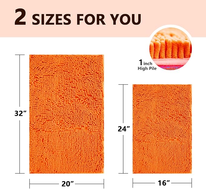 BOANKODU Bathroom Rugs Sets 2 Piece, Extra Soft Chenille Bath Mat Ultra Absorbent Bathroom Rug, Bathroom Mat with Non-Slip Bottom, Machine Washable Bath Rugs (20x32 Inch + 16x24 Inch, Orange)