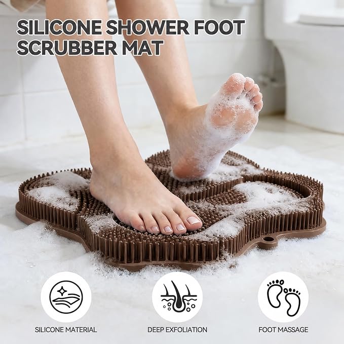 OZNER Silicone Shower Foot Scrubber Mat,Back Washer Bath Wash Pad Exfoliating & Massage, Wall Mounted Slip Strong Suction Cups for Use in Cleaner Men and Women (Brown)