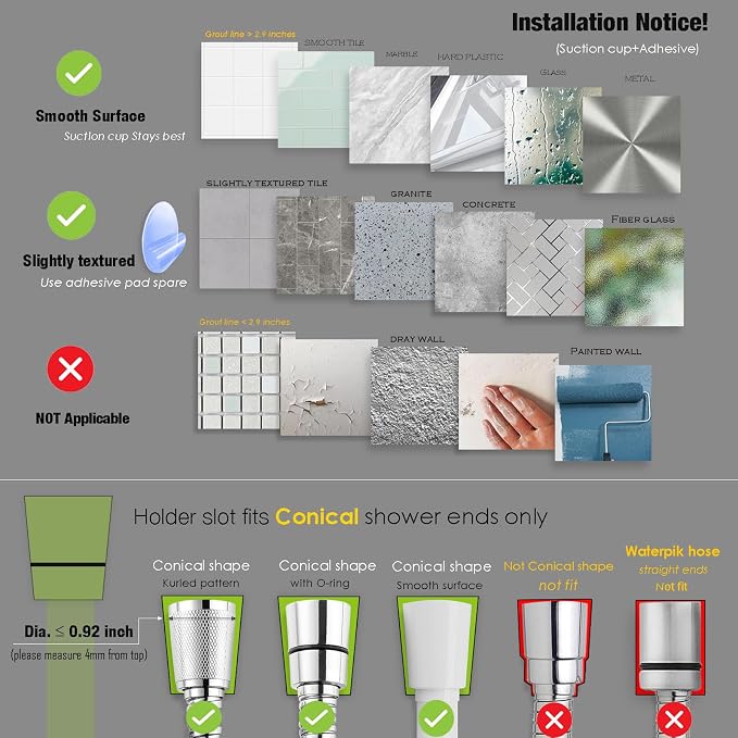 Suction Cup Handheld Shower Head Holder - 90 Degree 5 Angles Adjustable - Wide Input - Fits Heavy Shower Sprayer -Wall Mount Shower Hose Holder