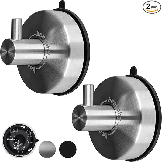 Heavy Duty Suction Cup Hooks 11 lbs Capacity - Drill-Free Bathroom & Kitchen Organizer, Removable Wall Mounts for Towels on Glass/Mirror - L Hook, Brushed Nickel, 2 Pack