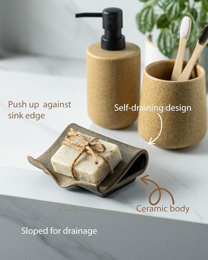 Zoeeker Self-Draining Soap Dish, Ceramic Bar Soap Holder with Drainage | Waterfall Design Soap Saver for Bathroom, Kitchen, Sink, Countertop, Sink Organizer Tray Keeps Dry, Variegated Brown Glaze