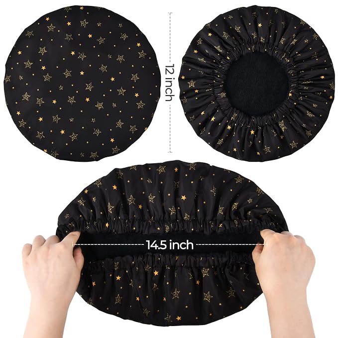 Shower Cap for Women Terry Lined Bath Cap Large Reusable Waterproof Elastic Band Black Star Shower Caps for Long Thick Hair Soft Bath Shower Hair Caps