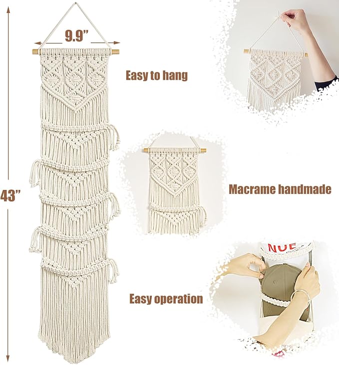 jontell Ball Cap Hanger-2 Pack-Boho Macrame Cap Holder Wall Hat Organizer for Baseball Cap Holder Over Door, Hat Rack for Wall, Cap Rack for Decoration and Display,