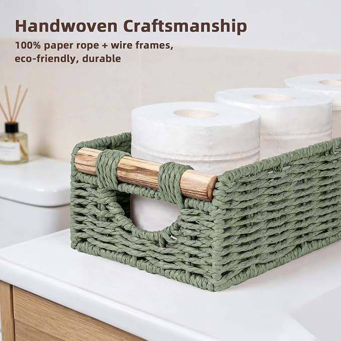 CubesLand Back of Toilet Storage Basket for Organizing w/Cut Out Handle, Handwoven Toilet Tank Top Paper Baskets, Small Wicker Decorative Basket for Countertop, Home, Living Room, Nursery, Green