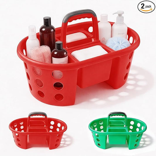 SIMPLYKLEEN Large Shower Caddy Portable 2PC - Made in USA Plastic Jumbo Size Dorm Storage Candy Tote with Handle Shower Organizer for Bathroom, Pantry, Kitchen, College Dorm, Green/Red