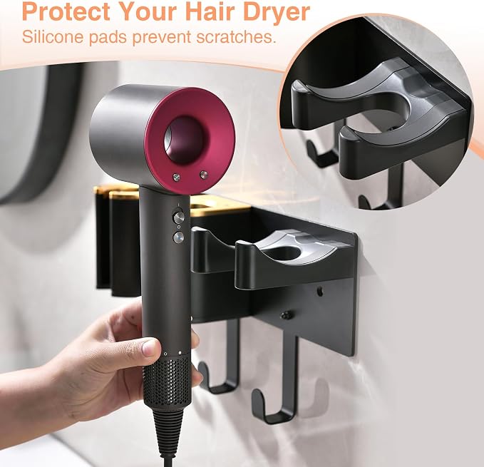 Hair Tool Organizer Wall Mount, Hair Dryer Curling iron Organizer | Hair Tools Holder with Cord Hooks, Straightener Holder, Aluminum Alloy & ABS, Black and Gold Color (Not Including Hair Tools)