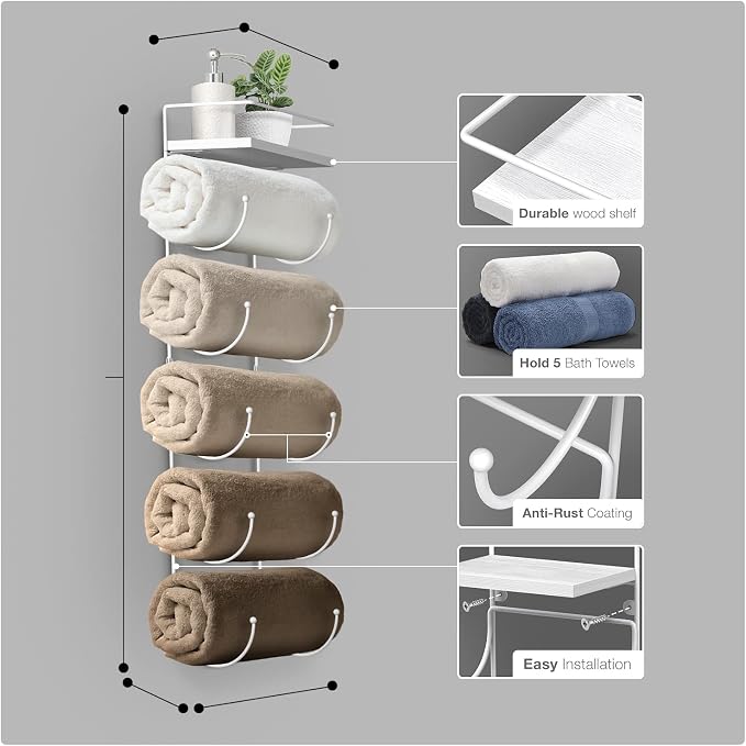Sorbus Bathroom Towel Holder - 5 Tier Metal Towel Rack with Wood Shelf for Rolled Bath Towels, Washcloths, Linens, Hand Towels, Soaps & Accessories - Wall Mounted Towel Rack for Bathroom Towel Storage