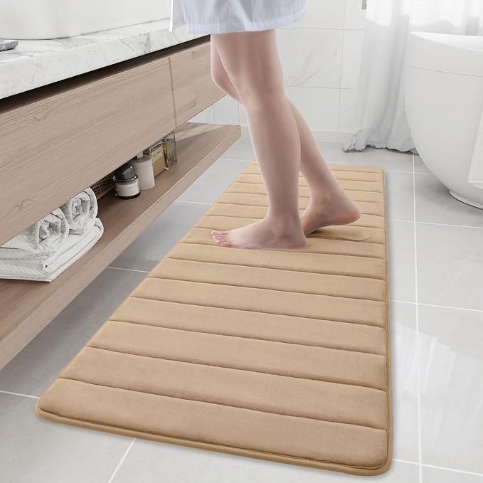 Buganda Memory Foam Bath Mat 59 x 20, Ultra Soft Absorbent Bathroom Rugs | Camel, Machine Washable Quick Dry Bath Mats for Bathroom Floor, Shower and Tub, Home Decor Accessories