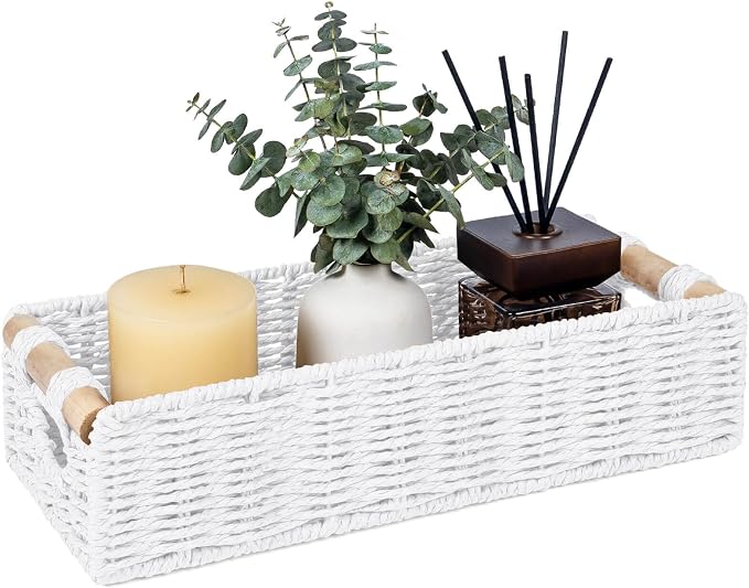CubesLand Back of Toilet Storage Basket for Organizing w/Cut Out Handle, Handwoven Toilet Tank Top Paper Baskets, Wicker Decorative Basket for Countertop, Home Decor, Living Room, Nursery, White
