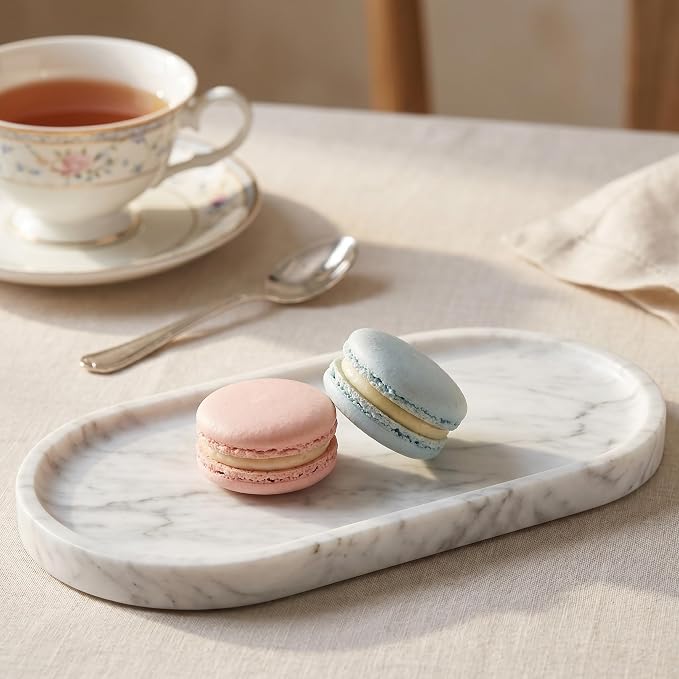 YKAJO Carrara White Gray Oval Marble Tray, 9.8x4.7 Perfume Organizer Dish | Honed natural stone; jewelry & trinket dish, ring & key holder, soap & candle catchall; bath counter, dresser, coffee table