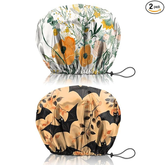 2 PCS Shower Cap Reusable Waterproof Double Layers Hair Caps Shower Bath Adjustable Elastic Hat for Women Girls Cute Aesthetic-Flower Bat