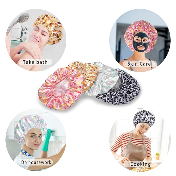 Shower Caps for Women, 4 PCS Reusable Waterproof Bath Cap | Double Layer, Washable, Wide Elastic Band, Holds Long Hair, Caps for Bath Accessories, Spa, Travel Home - Stone