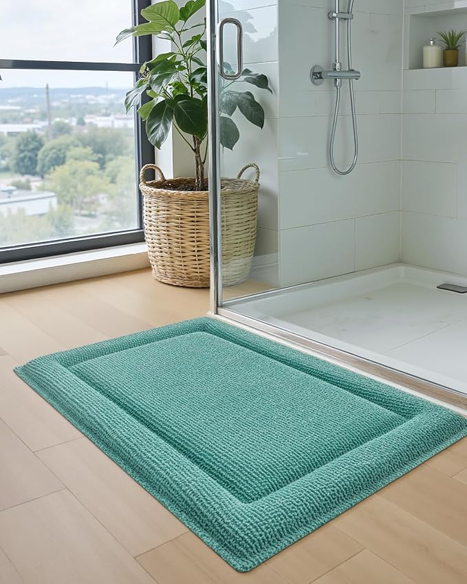 DEXI Memory Foam Bath Mat 36x24, Thick Chenille Bathroom Rug, Teal | Ultra Soft Absorbent, Non Slip Quick Dry, Cushion Plush Bath Carpet for Tub Shower, Sink