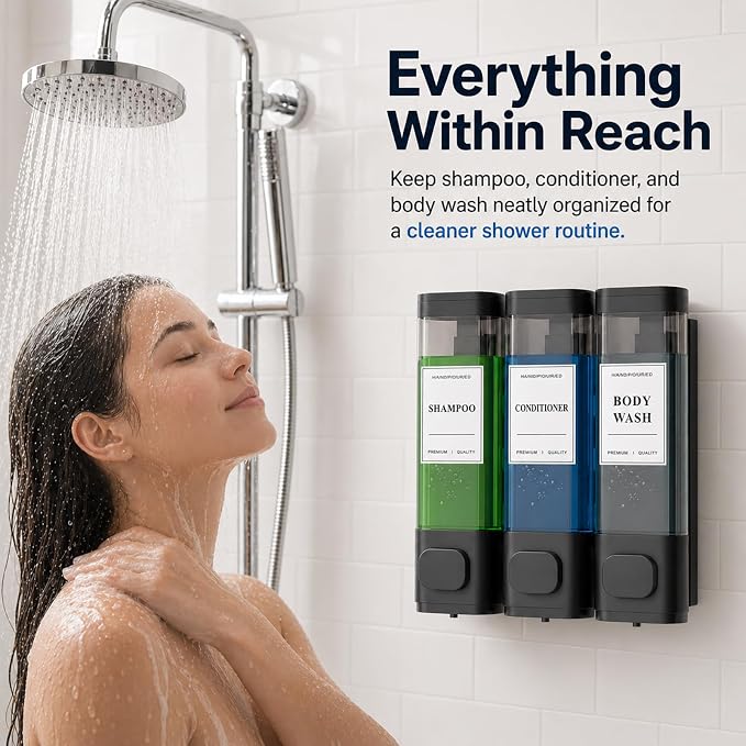 Shampoo and Conditioner Dispenser – Wall-Mounted Shower Soap Dispenser, No-Drill Installation, Lockable, 900 ml Capacity,for Bathroom & Hotel or Airbnb (Black, 3-Pack)