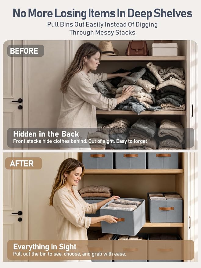 DIMJ Closet Storage Baskets Bins 6 Pack Large, Collapsible Fabric Closet Organizers and Storage with Polyester Handles, Decorative Baskets for Organizing Clothes, Towels, Linen Closet 14"x10"