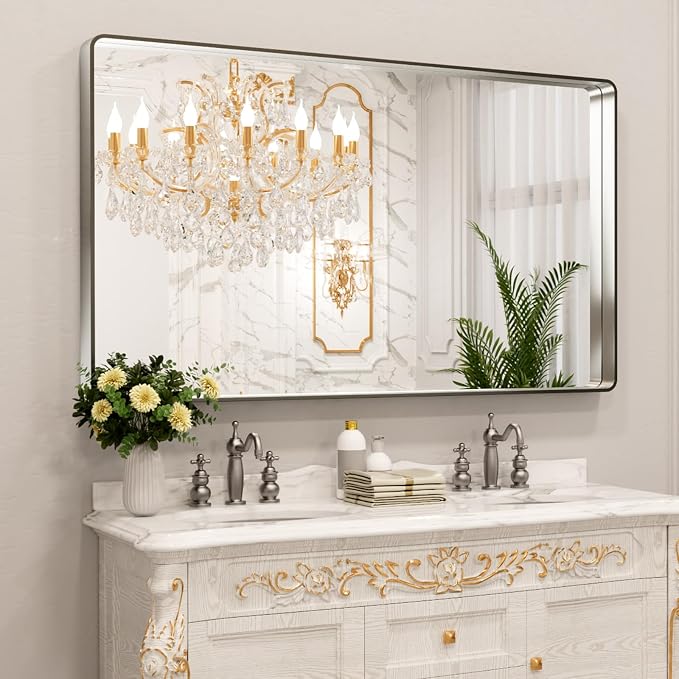 LOAAO 60X30 Inch Brushed Nickel Bathroom Mirror | Rounded Rectangle, Silver Metal Frame, Anti-Rust, Tempered Glass, Hangs Horizontally or Vertically