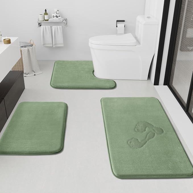 Bathroom Rugs Sets 3 Piece, Non-Slip & Quick Dry Bath Mat Set, Ultra Soft Velvet Bath Rugs for Bathroom, Toilet and Shower Floor, Grey Green