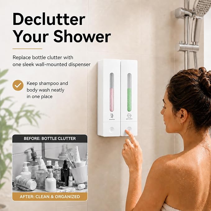 Shampoo and Conditioner Dispenser - Wall-Mounted 3-Chamber Shower Soap Dispenser, No-Drill, 1200ML Capacity, for Bathroom & Hotel