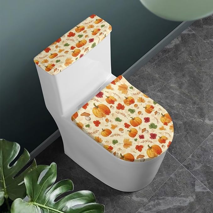 Pumpkin Toilet Lid Covers for Bathroom Set, Toilet Covers Elongated Comfortable 2-Piece Bathroom Gifts for Fall Harvest