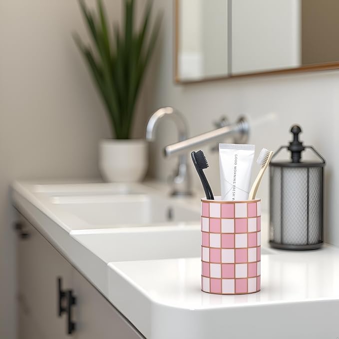 Checkered Bathroom Toothbrush Holder, Bathroom Black and White Ceramic Toothbrush Holder, Modern Toothbrush Box, Used for Bathroom countertop Storage Rack, Checkered Bathroom Decoration (Pink)