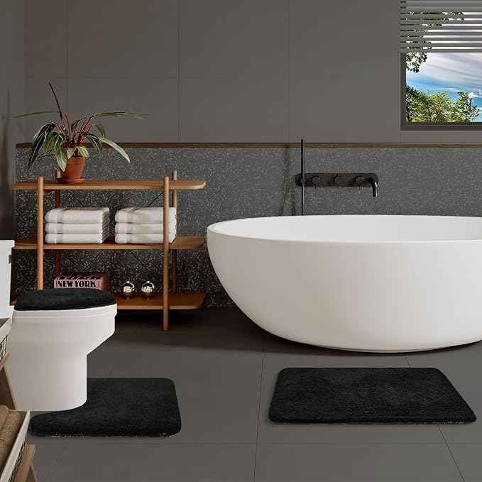 Bathroom Rugs Sets 3 Piece with Toilet Seat Cover 17.5"x 15" | Machine Washable Bath Rug Set with Tpr Non Slip Rubber Backing Solid Bath Mat Set for Luxury Bathroom Decoration
