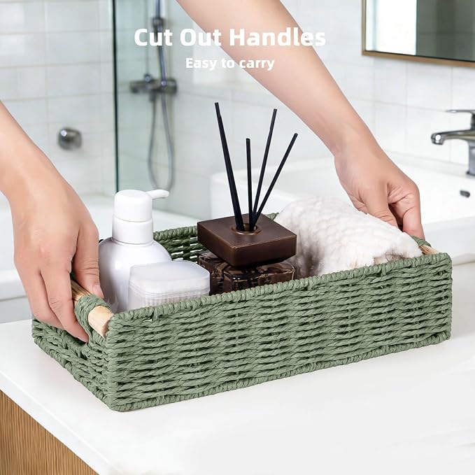 CubesLand Back of Toilet Storage Basket for Organizing w/Cut Out Handle, Handwoven Toilet Tank Top Paper Baskets, Wicker Decorative Basket for Countertop, Home Decor, Living Room, Nursery, Green