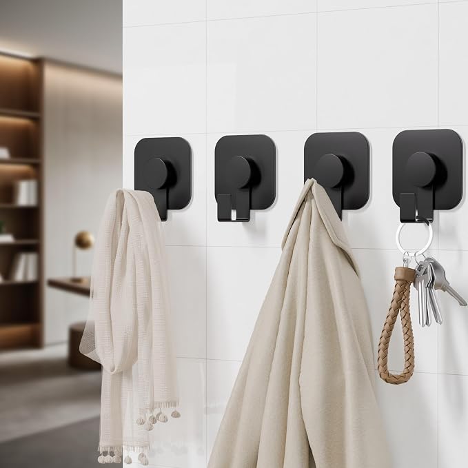 Aikzik 4 Pack Large Heavy Duty Wall Hooks - 26lb Max, Stainless Steel Adhesive Towel Hooks for Hanging Coat, Towel, Robe, Keys, Sticky Shower Hook for Door, Home, Bathroom, Kitchen, Office- Black