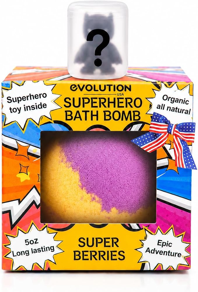 EvolutionUSA 1pc Red Epic Superhero Bath Bombs for Kids – Super Hero Bath Bomb with Toy Inside, Fun Children Bathbomb Easter, Organic Bathbomb with Surprise Inside, Superhero Bath Fizzer Valentines