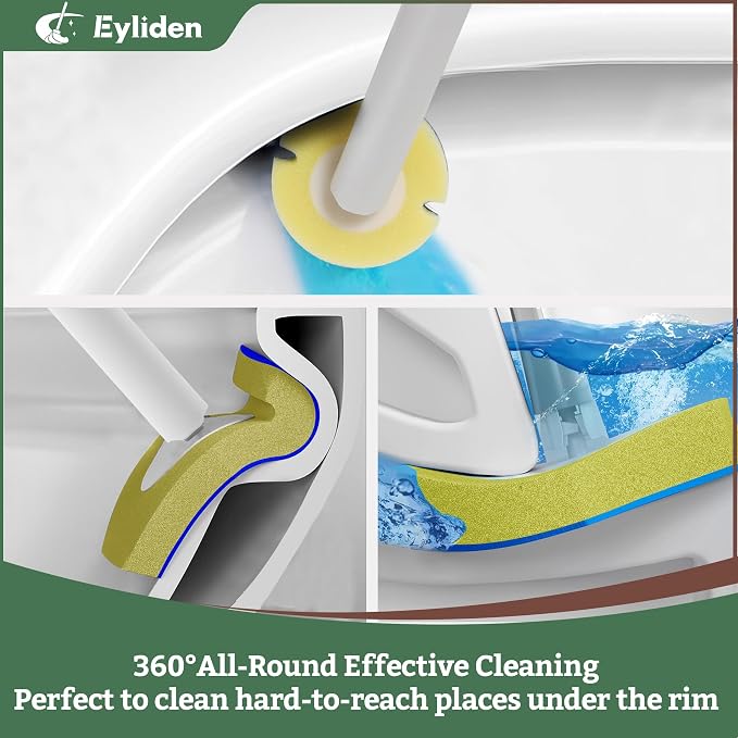 Eyliden Toilet Brush and Plunger Set, Disposable Wand Kit with 10 Refills | Pre-Soaked Concentrated Cleaner Sponge, Touch-Free, 2-in-1 Compact Holder, Powerful Suction Cup, Bathroom Cleaning System