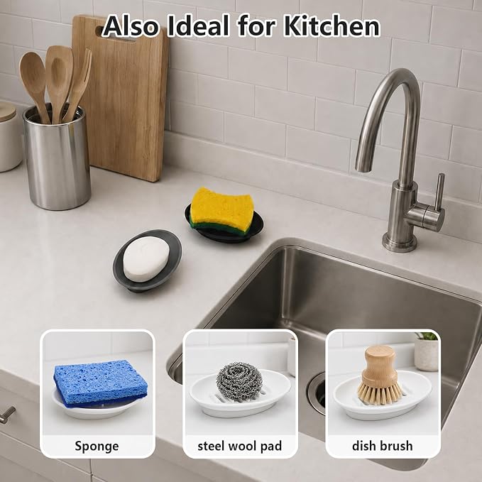 2 Pack Silicone Bar Soap Holder for Shower, Self-Draining Black Soap Dish Tray for Bathroom Sink, Kitchen Counter, Shower Niche/Shelf, Bathtub, Easy Cleaning Simple Oval Soap Saver Stand