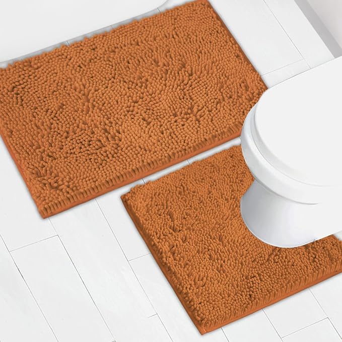 Bathroom Rugs Chenille Bath mat 2 Piece Set, Super Absorbent, Strong PVC Non Slip Backing, Bath mats for Bathroom, Plush Shaggy, Thick, Machine Washable, Bathtub, Toilet.(Champagne)