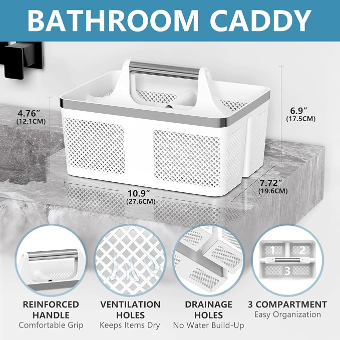 BYUNER Plastic Shower Caddy Dorm: Portable Bathroom Caddy Organizer with Handle and Holes, Cleaning Basket, Hard Shower Basket Storage Tote for Toiletry, College Dorm Room Essentials White/Silver
