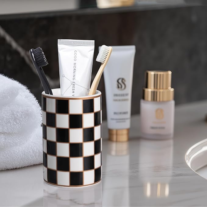 Checkered Bathroom Toothbrush Holder, Bathroom Black and White Ceramic Toothbrush Holder, Modern Toothbrush Box, Used for Bathroom countertop Storage Rack, Checkered Bathroom Decoration (Black)
