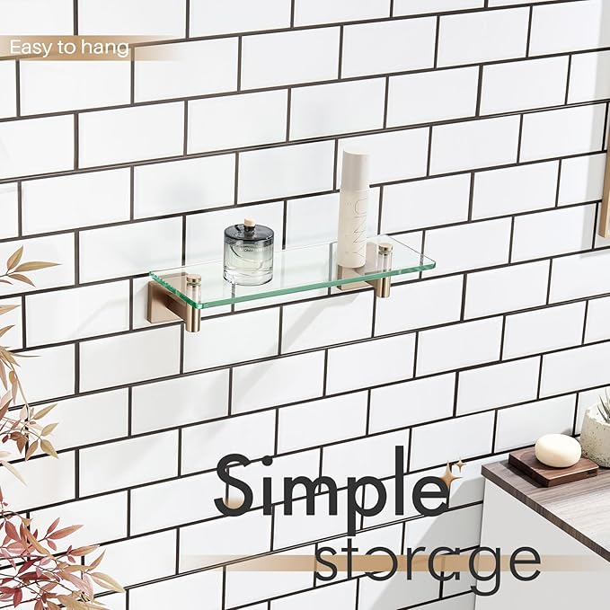 KOKOSIRI Wall Shelves Bathroom Hardware Glass Floating Shelf 12-Inch for Bedroom, Living Room, Kitchen, Hanging Rack Champagne Bronze B1105CPG-L12