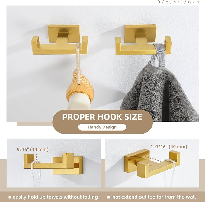 Angle Simple Double Towel Hook Brushed Dark Gold 2 PCS, SUS304 Stainless Steel Bathroom Hand Towel Holder, Double Robe Hook for Wall