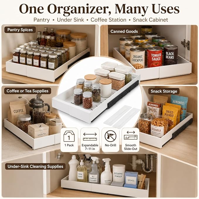 Pull Out Cabinet Organizer, Expandable 7"-11" Slide Out Cabinet Drawer, No Drilling Cabinet Organizer with Adhesive Nano Film for Kitchen Pantry Bathroom Under Sink Storage