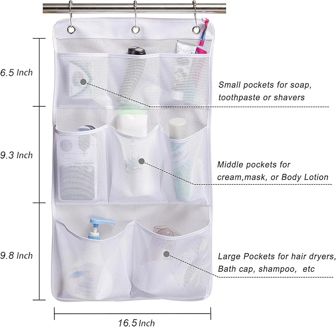 KIMBORA Mesh Shower Organizer Hanging Bathroom Caddy 8 Pockets Hang Curtain Rod with 3 Rings